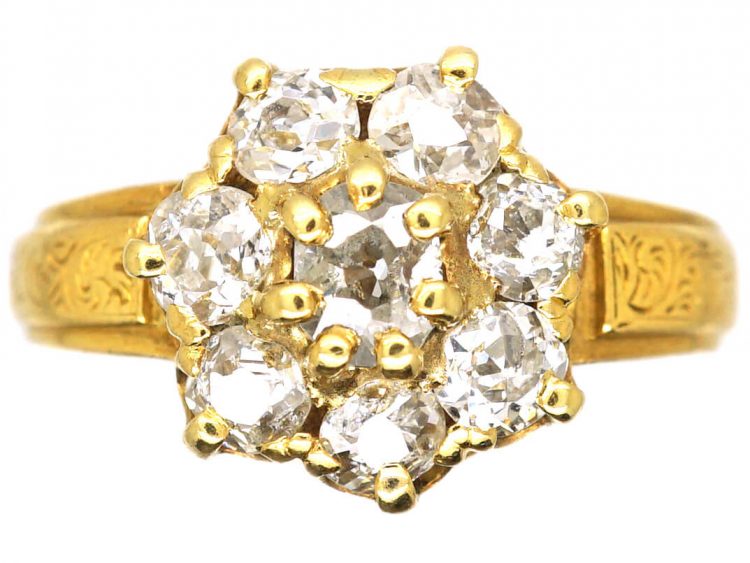 Victorian 20ct Gold Diamond Cluster Ring with Ornate Engraved Shoulders
