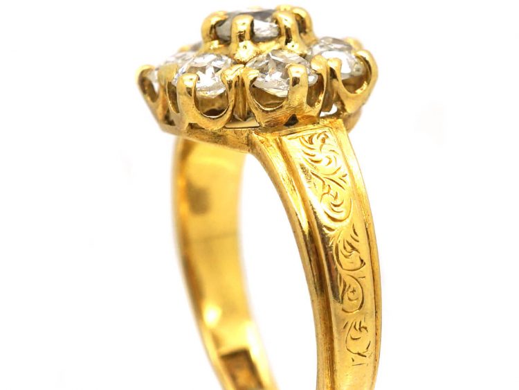 Victorian 20ct Gold Diamond Cluster Ring with Ornate Engraved Shoulders