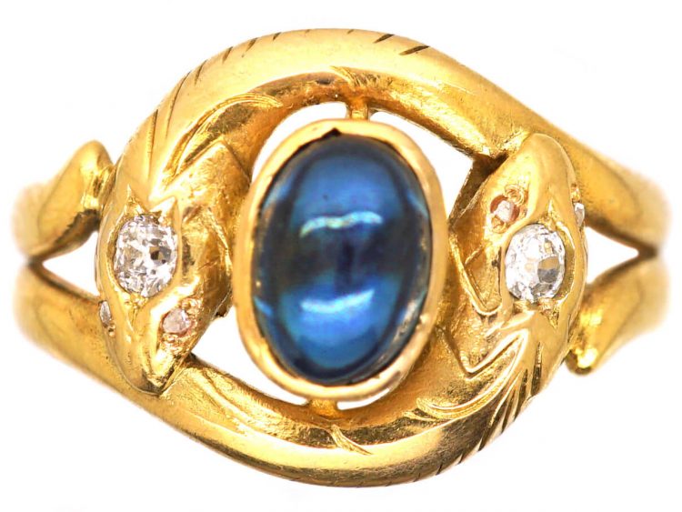 Edwardian 18ct Gold Double Snake Ring set with Diamonds & a Cabochon Sapphire