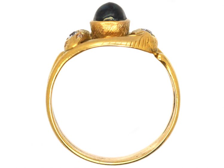 Edwardian 18ct Gold Double Snake Ring set with Diamonds & a Cabochon Sapphire