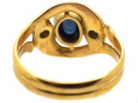 Edwardian 18ct Gold Double Snake Ring set with Diamonds & a Cabochon Sapphire