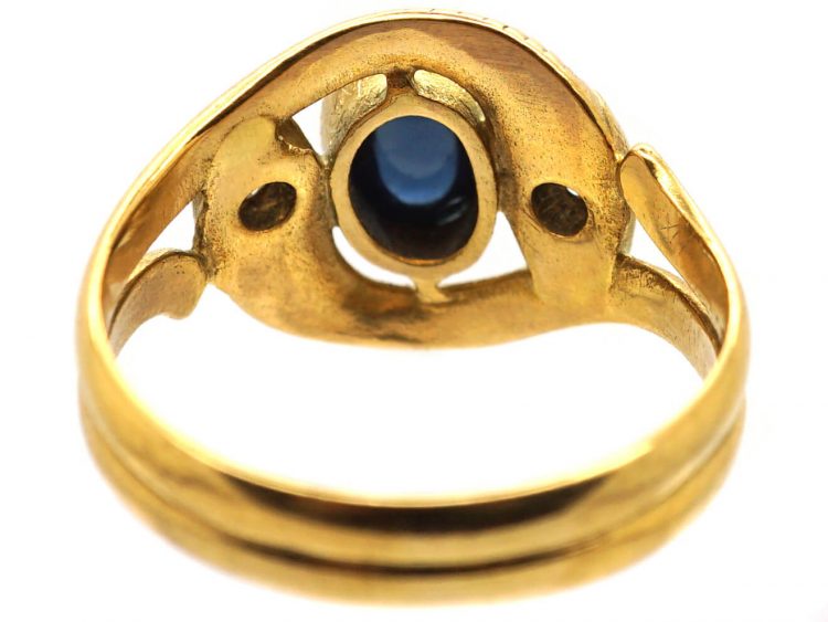 Edwardian 18ct Gold Double Snake Ring set with Diamonds & a Cabochon Sapphire