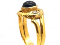 Edwardian 18ct Gold Double Snake Ring set with Diamonds & a Cabochon Sapphire