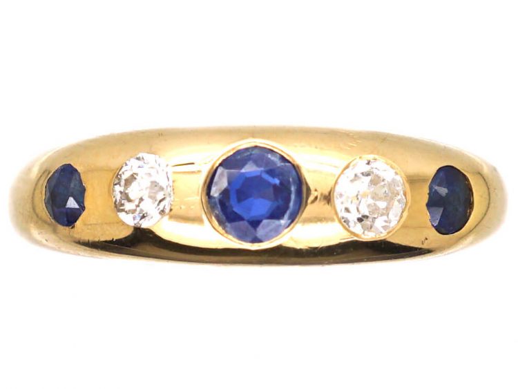 Victorian 18ct Gold Ring Rub Over Set with Sapphires & Diamonds by Deakin & Francis