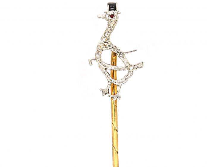 Art Deco 18ct Gold & Platinum, Onyx, Rose Diamond & Ruby Tie pin of a Duck with Top Hat & Swagger Stick