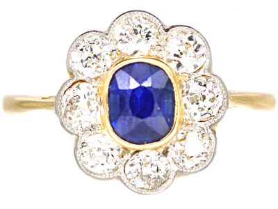 Edwardian 18ct Gold & Platinum, Sapphire & Diamond Cluster Ring