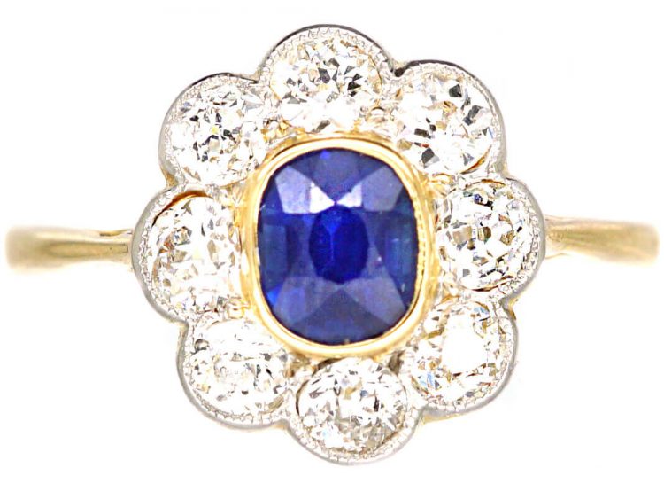 Edwardian 18ct Gold & Platinum, Sapphire & Diamond Cluster Ring