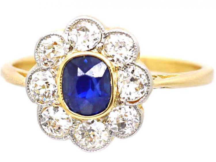 Edwardian 18ct Gold & Platinum, Sapphire & Diamond Cluster Ring