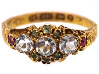 Victorian 15ct Gold, Three Stone Aquamarine, Emerald & Ruby Ring