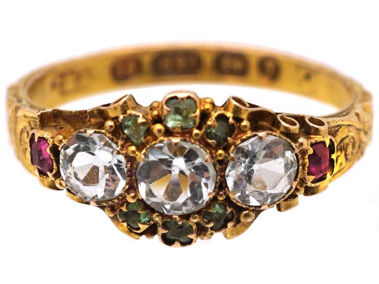 Victorian 15ct Gold, Three Stone Aquamarine, Emerald & Ruby Ring