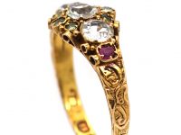 Victorian 15ct Gold, Three Stone Aquamarine, Emerald & Ruby Ring