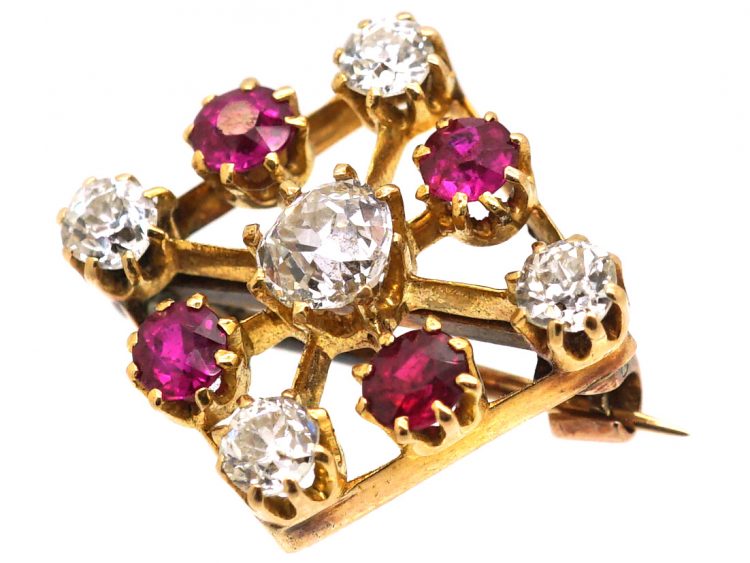 Victorian Small 18ct Gold Veil Brooch set with Rubies & Diamonds