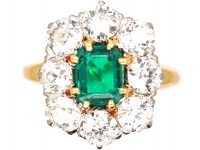 French Import Early 19th Century 18ct Gold, Large Emerald & Diamond Cluster Ring