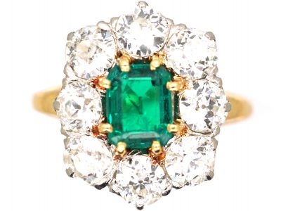 French Import Early 19th Century 18ct Gold, Large Emerald & Diamond Cluster Ring