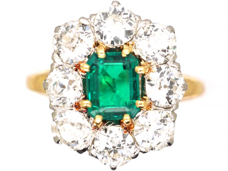 French Import Early 19th Century 18ct Gold, Large Emerald & Diamond Cluster Ring