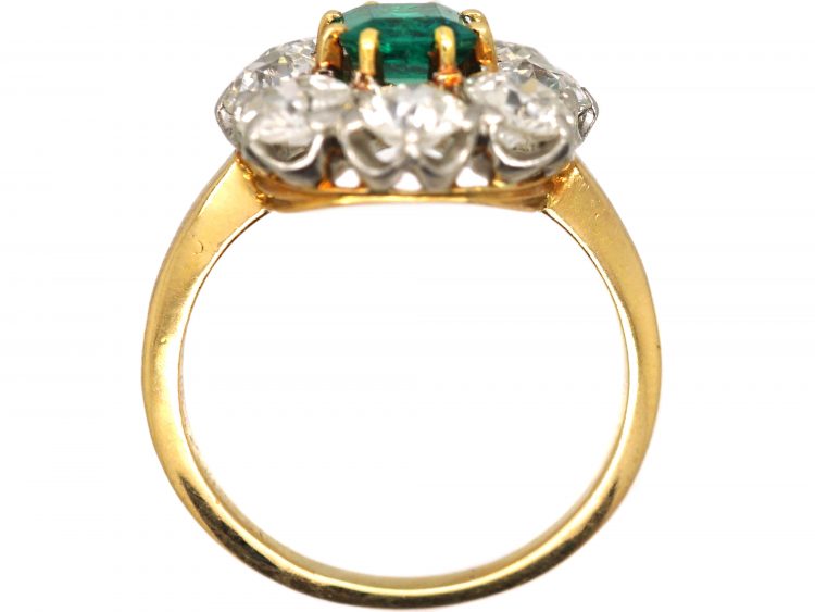 French Import Early 19th Century 18ct Gold, Large Emerald & Diamond Cluster Ring