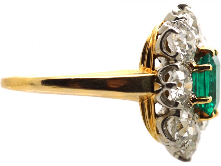 French Import Early 19th Century 18ct Gold, Large Emerald & Diamond Cluster Ring