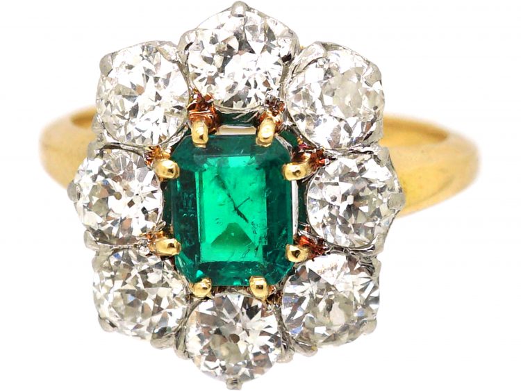 French Import Early 19th Century 18ct Gold, Large Emerald & Diamond Cluster Ring