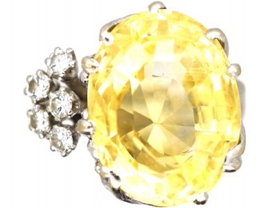 Swedish 18ct White Gold Ring by Bolin set with a Large Yellow Sapphire Ring with Diamond Accents