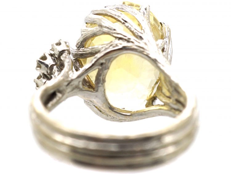 Swedish 18ct White Gold Ring by Bolin set with a Large Yellow Sapphire Ring with Diamond Accents