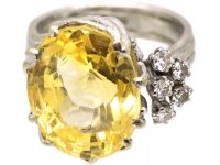 Swedish 18ct White Gold Ring by Bolin set with a Large Yellow Sapphire Ring with Diamond Accents