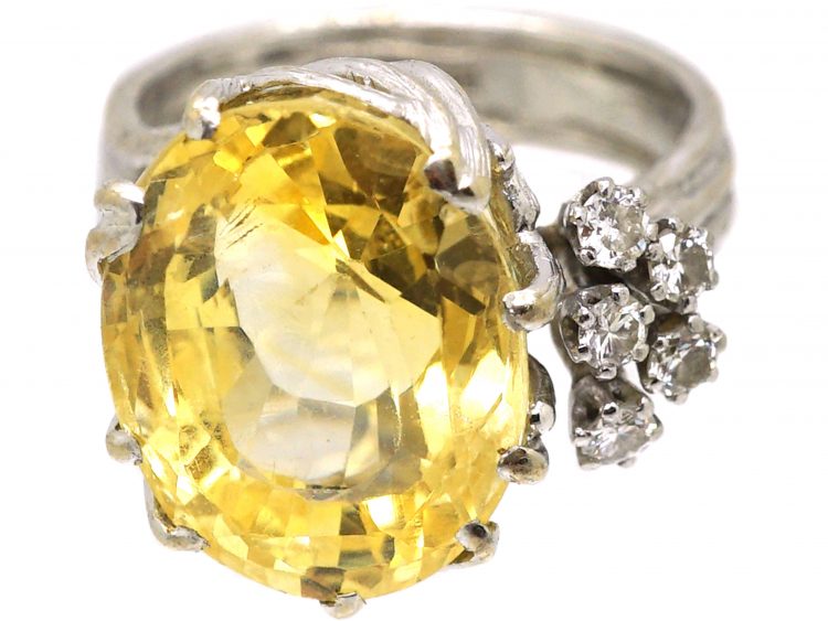 Swedish 18ct White Gold Ring by Bolin set with a Large Yellow Sapphire Ring with Diamond Accents