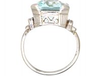 Art Deco 18ct White Gold Ring set with a Large Aquamarine With Baguette Diamond Set Shoulders