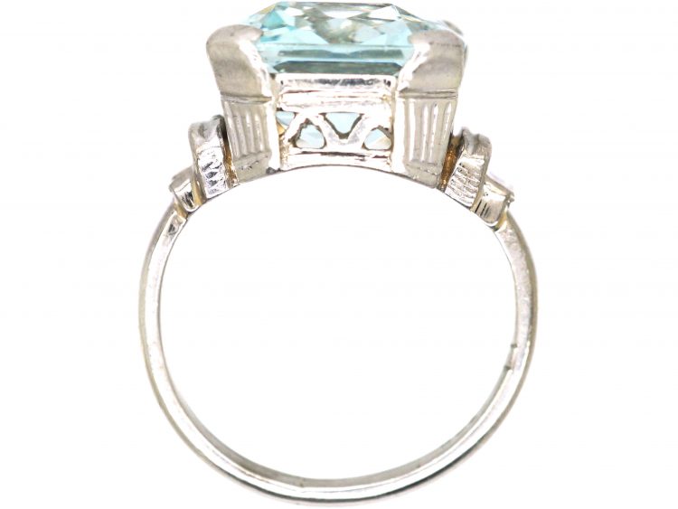 Art Deco 18ct White Gold Ring set with a Large Aquamarine With Baguette Diamond Set Shoulders