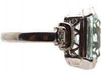 Art Deco 18ct White Gold Ring set with a Large Aquamarine With Baguette Diamond Set Shoulders