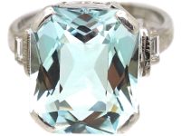 Art Deco 18ct White Gold Ring set with a Large Aquamarine With Baguette Diamond Set Shoulders
