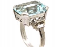 Art Deco 18ct White Gold Ring set with a Large Aquamarine With Baguette Diamond Set Shoulders