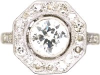 French Early 20th Century Platinum, Diamond Octagonal Cluster Ring