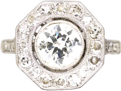 French Early 20th Century Platinum, Diamond Octagonal Cluster Ring