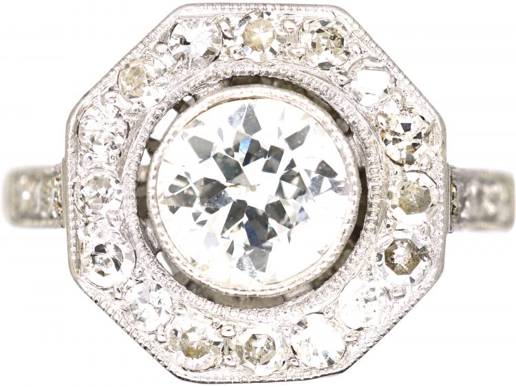 French Early 20th Century Platinum, Diamond Octagonal Cluster Ring