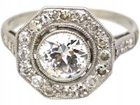 French Early 20th Century Platinum, Diamond Octagonal Cluster Ring