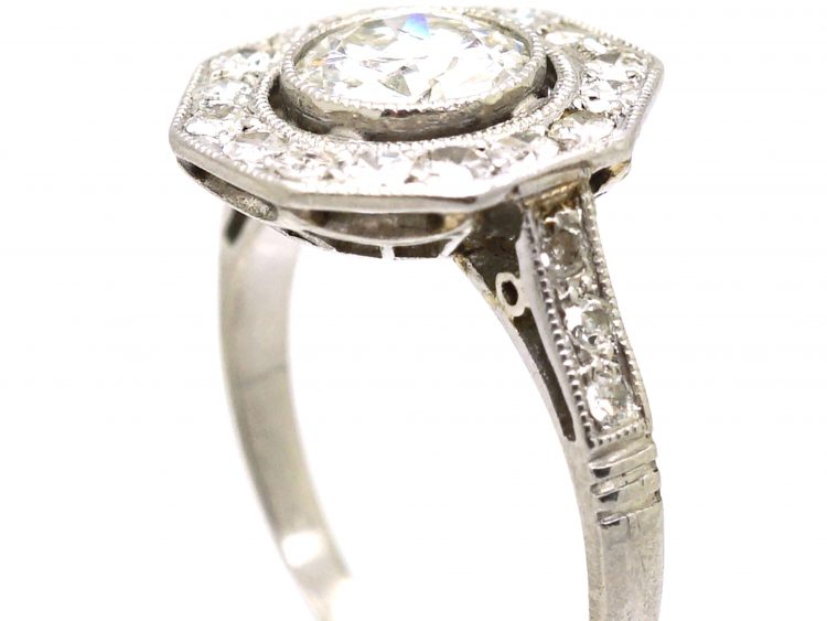 French Early 20th Century Platinum, Diamond Octagonal Cluster Ring