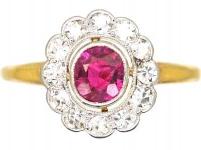 Edwardian 18ct Gold & Platinum, Diamond & Ruby Cluster Ring