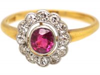 Edwardian 18ct Gold & Platinum, Diamond & Ruby Cluster Ring