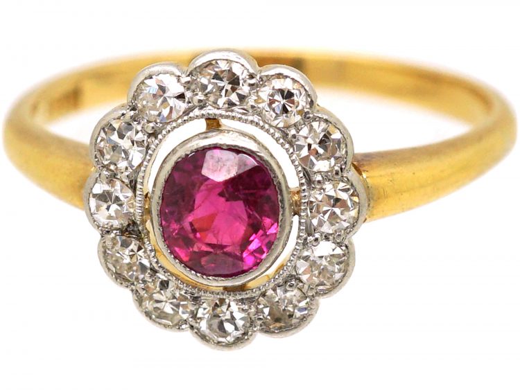 Edwardian 18ct Gold & Platinum, Diamond & Ruby Cluster Ring