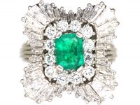 1950s Large Platinum Ballerina Ring set with an Emerald & Diamonds