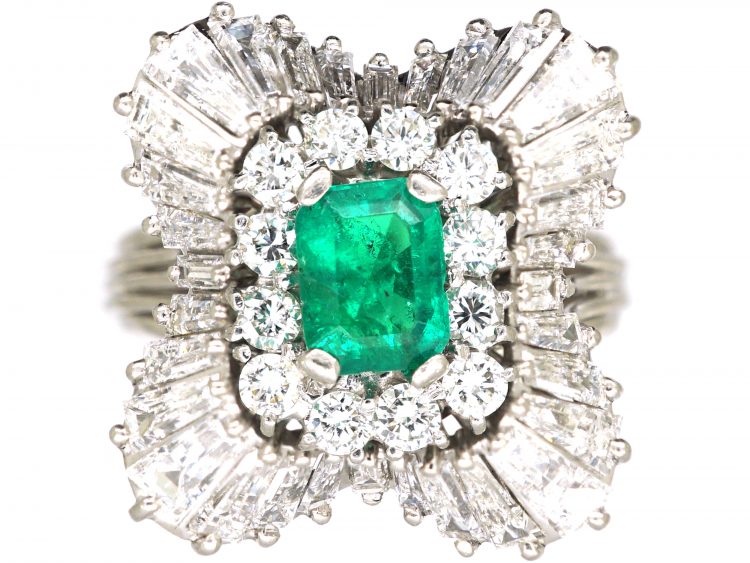 1950s Large Platinum Ballerina Ring set with an Emerald & Diamonds