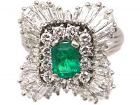 1950s Large Platinum Ballerina Ring set with an Emerald & Diamonds
