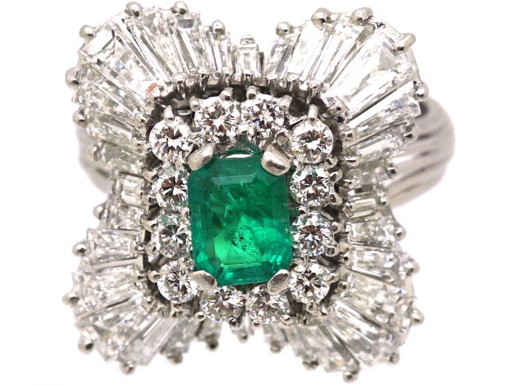 1950s Large Platinum Ballerina Ring set with an Emerald & Diamonds