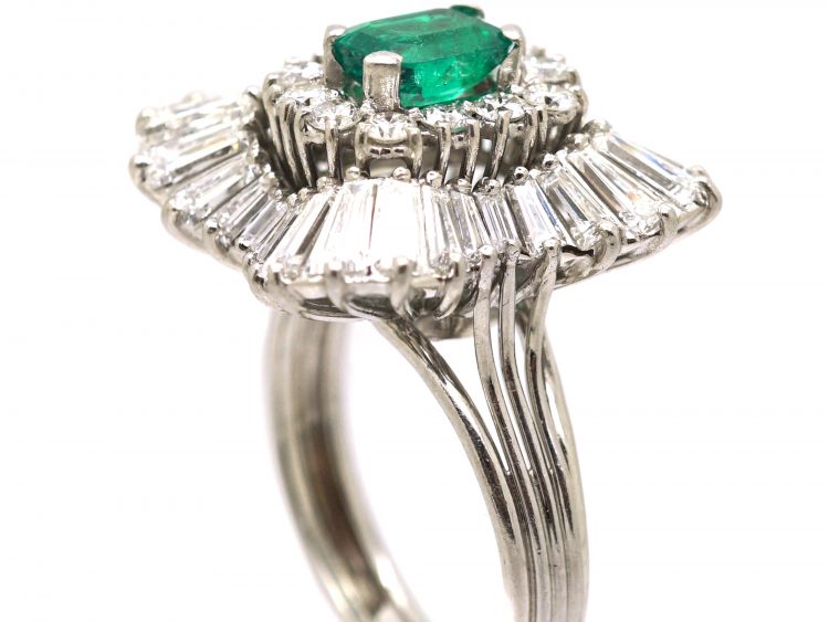 1950s Large Platinum Ballerina Ring set with an Emerald & Diamonds