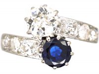 French Early 20th Century 18ct White Gold Crossover Ring set with a Sapphire & Diamonds