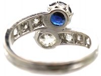French Early 20th Century 18ct White Gold Crossover Ring set with a Sapphire & Diamonds