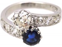 French Early 20th Century 18ct White Gold Crossover Ring set with a Sapphire & Diamonds