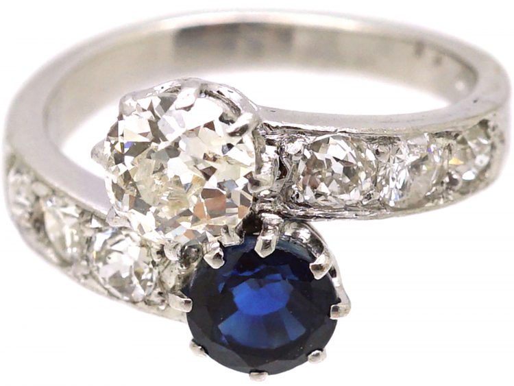 French Early 20th Century 18ct White Gold Crossover Ring set with a Sapphire & Diamonds