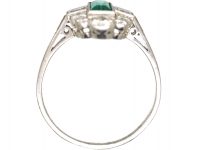 Art Deco Platinum Ring set with a Rectangular Emerald & Baguette & Round Diamonds