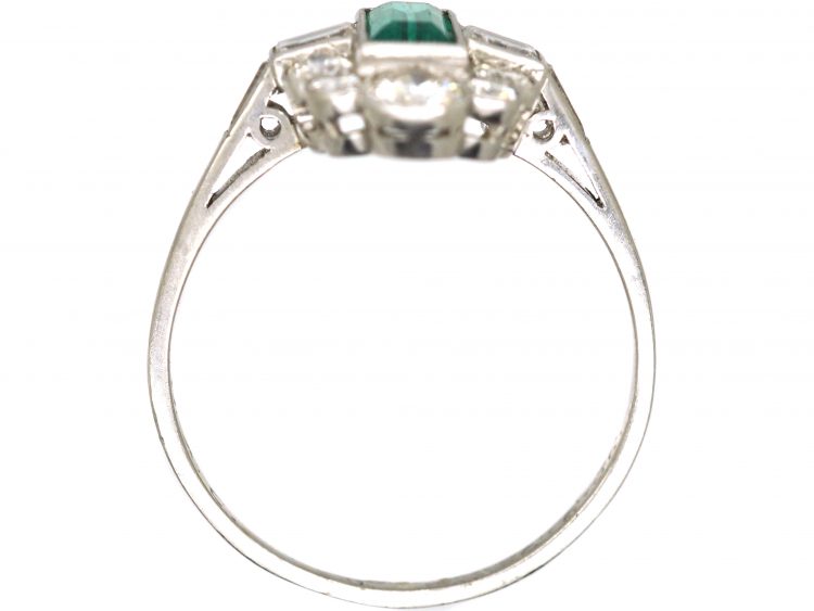 Art Deco Platinum Ring set with a Rectangular Emerald & Baguette & Round Diamonds